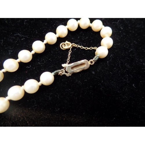 62 - BEAUTIFUL SET OF PEARLS WITH 9CT GOLD CLASP AND SAFETY CHAIN - BOXED