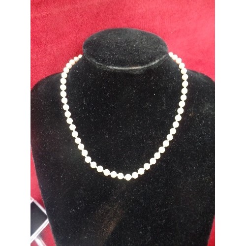 62 - BEAUTIFUL SET OF PEARLS WITH 9CT GOLD CLASP AND SAFETY CHAIN - BOXED