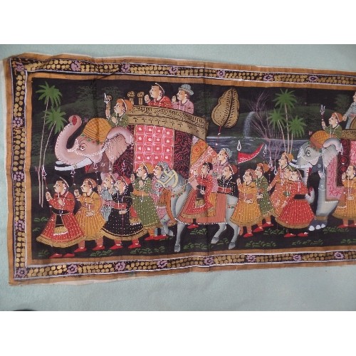 152 - A BEAUTIFUL LARGE INDIAN PAINTING ON SILK OF A PROCESSION OF DIGNITARIES IN HOWDAH'S ON ELEPHANT BAC... 