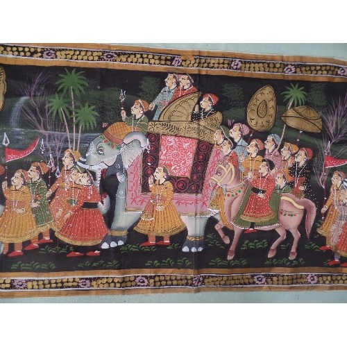 152 - A BEAUTIFUL LARGE INDIAN PAINTING ON SILK OF A PROCESSION OF DIGNITARIES IN HOWDAH'S ON ELEPHANT BAC... 