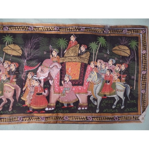 152 - A BEAUTIFUL LARGE INDIAN PAINTING ON SILK OF A PROCESSION OF DIGNITARIES IN HOWDAH'S ON ELEPHANT BAC... 