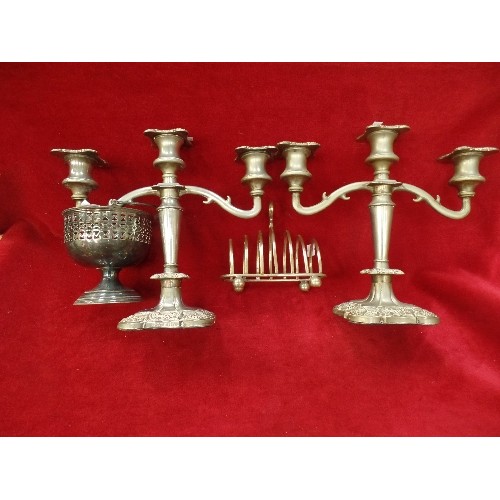 210D - A PAIR OF HEAVY SILVER PLATED THREE BRANCH CANDELABRA TOGETHER WITH A BASKET BY WALKER & HALL AND A ... 