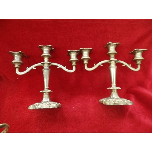 210D - A PAIR OF HEAVY SILVER PLATED THREE BRANCH CANDELABRA TOGETHER WITH A BASKET BY WALKER & HALL AND A ... 