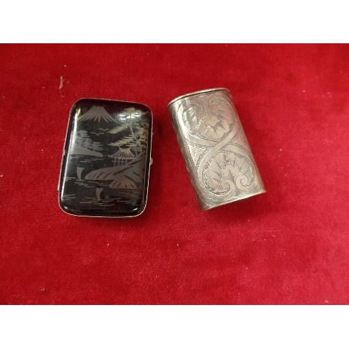 67 - A VICTORIAN SILVER PLATED VESTA CASE ENGRAVED WITH A LEAF DESIGN, ANOTHER EARLY 20TH CENTURY EXAMPLE... 