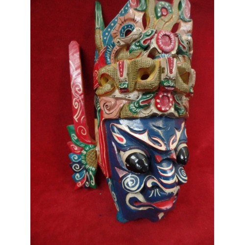 83 - A TRADITIONAL CHINESE HAND CARVED AND PAINTED NUO OPERA MASK. ORIGINALLY WITH MOVABLE EARS, BUT MISS... 