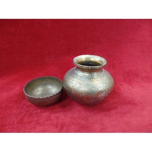 85 - A LATE 19TH CENTURY INDIAN BRASS GANGA WATER VESSEL AND CUP (BOWL) - THE VESSEL ENGRAVED WITH  PEACO... 