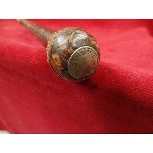 88 - A 19TH CENTURY LEATHER COVERED NIGHT WATCHMAN'S OR BAILIFF'S COSH WITH SILVER PLATED BUTTON IN THE R... 