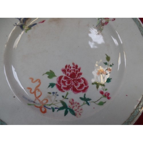 137A - AN ANTIQUE CHINESE PLATE WITH RAISED ENAMEL DESIGN OF FLOWERS AND BUTTERFLIES, THE BORDER IN PALE BL... 