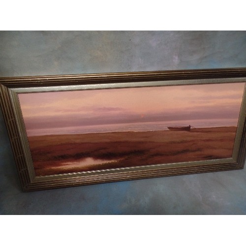 172A - A VERY ATMOSPHERIC LATE 20TH CENTURY OIL PAINTING ON CANVAS OF A BOAT ON THE SEASHORE AT SUNSET - LO... 