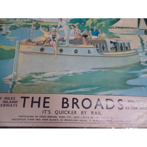 179 - LNER ADVERTISING POSTER FOR THE NORFOLK BROADS - SOME DAMAGE BUT COLOURS OF THE MAIN PICTURE STILL S... 