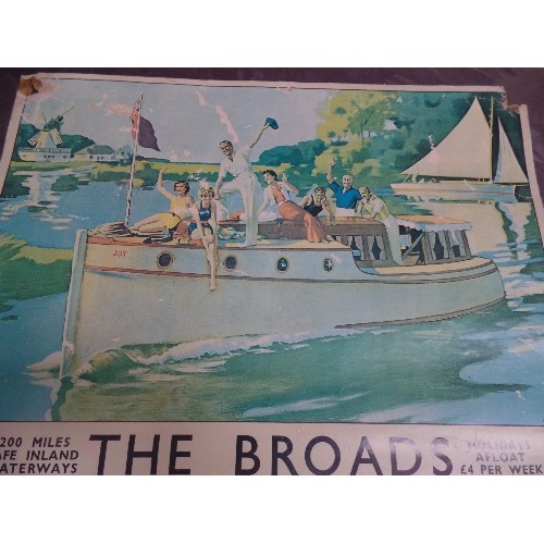 179 - LNER ADVERTISING POSTER FOR THE NORFOLK BROADS - SOME DAMAGE BUT COLOURS OF THE MAIN PICTURE STILL S... 