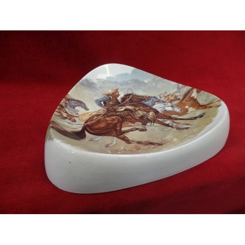 220B - A LARGE RETRO TRIANGULAR ASHTRAY DECORATED WITH A COWBOY SCENE - BY HANCOCK CORFIELD & WALLER LTD - ... 