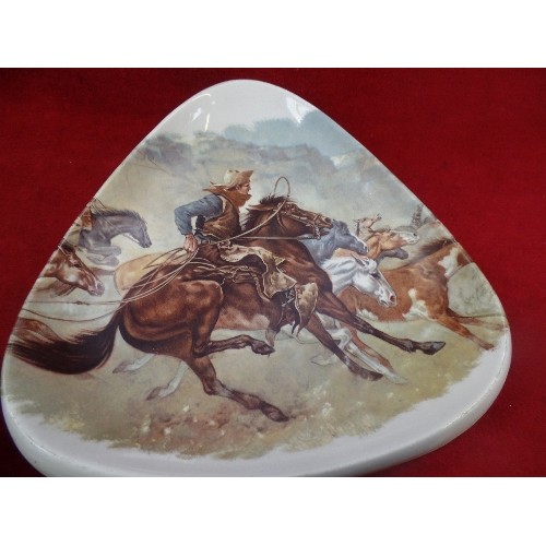 220B - A LARGE RETRO TRIANGULAR ASHTRAY DECORATED WITH A COWBOY SCENE - BY HANCOCK CORFIELD & WALLER LTD - ... 