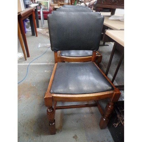 253 - SET OF FOUR 193O'S DINING CHAIRS - THE BACKS IN ART DECO SHAPE WITH CANTED CORNERS, IN BLACK LEATHER... 