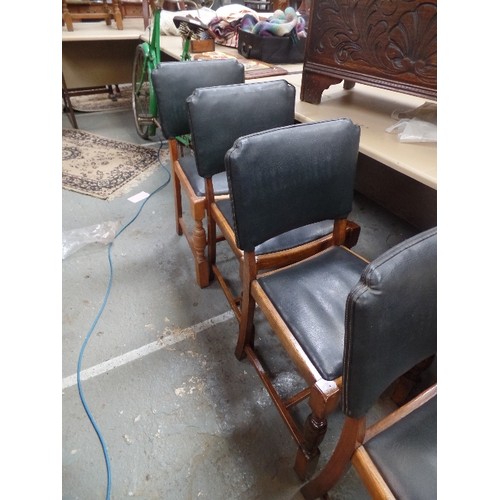 253 - SET OF FOUR 193O'S DINING CHAIRS - THE BACKS IN ART DECO SHAPE WITH CANTED CORNERS, IN BLACK LEATHER... 