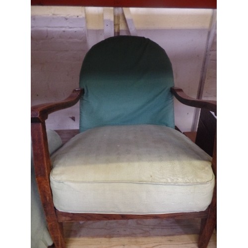 256 - THREE ITEMS OF 20TH CENTURY FURNITURE INCLUDING AN ART DECO LOW CHAIR WITH ARCHED BACK - OAK FRAMED.... 