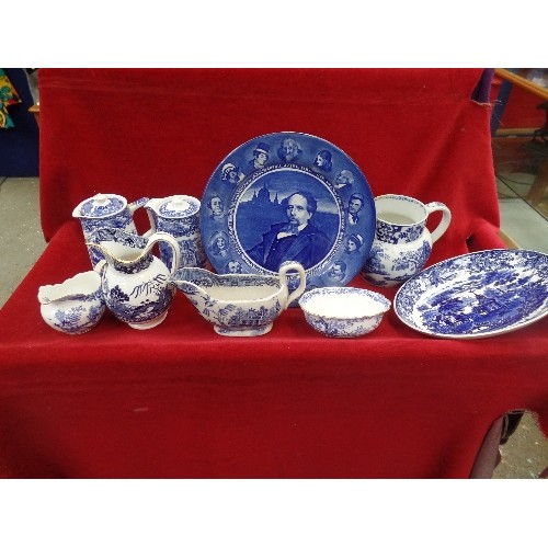 279A - GOOD COLLECTION OF BLUE & WHITE CHINA INC ROYAL DOULTON DICKENS PLATE, ROYAL ALBERT JUG AND BOWL, 2 ... 