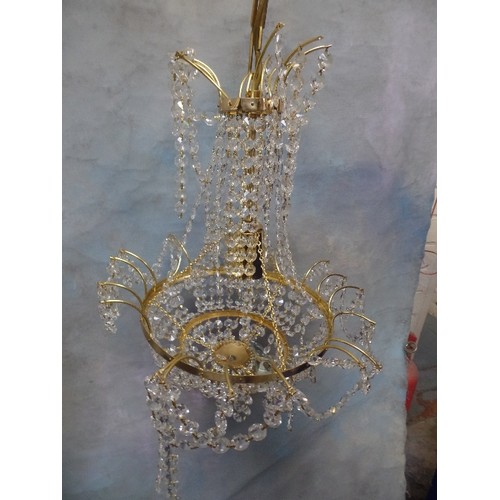 292 - A GOOD PAIR OF CRYSTAL CHANDELIERS WITH CZECH CRYSTAL DROPS - 55CM DROP FROM CEILING. THE MISSING DR... 