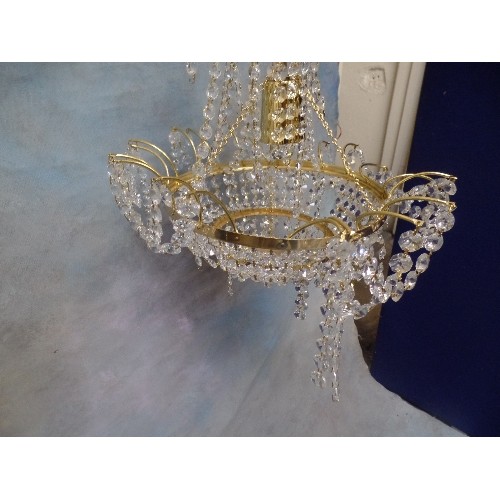 292 - A GOOD PAIR OF CRYSTAL CHANDELIERS WITH CZECH CRYSTAL DROPS - 55CM DROP FROM CEILING. THE MISSING DR... 