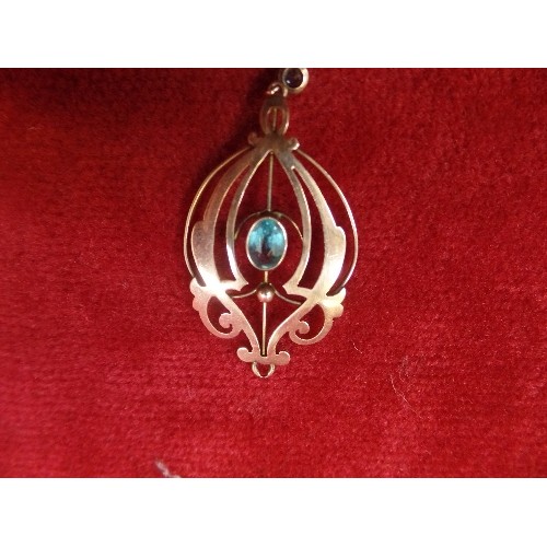 61B - BEAUTIFUL EDWARDIAN 9CT GOLD ART-NOUVEAU PENDANT, SET WITH 'AQUAMARINE' STONES.  4CM.