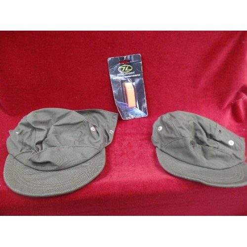 90C - BOX OF MILITARY/ARMY ITEMS, INC WATERPROOF CAMOUFLAGE TROUSERS SIZE 70/80, KHAKI CAPS, LEATHER GLOVE... 