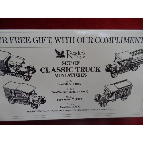 192B - COLLECTION OF CLASSIC TRUCK MINIATURES 'READERS DIGEST' RENAULT,FORD TANKER, MODEL T, AND CROSSLEY. ... 