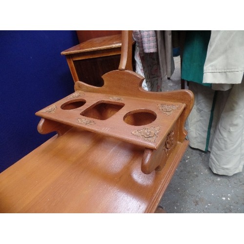 261B - RETRO-KITSCH DRINKS TROLLEY IN TEAK. CARVED FLOWERS. PULL-ALONG BARROW HANDLE.