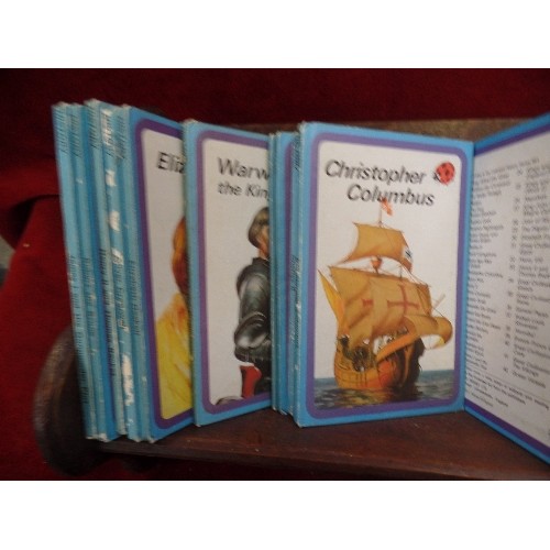 319D - COLLECTION OF 35 LADYBIRD HISTORY BOOKS - 1960's AND 70's IN A VINTAGE SOLID OAK BOOKSTAND