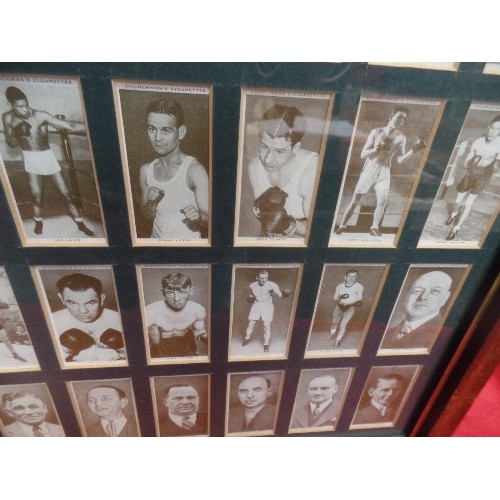 319E - BOXING INTEREST. FRAMED DISPLAY OF 50 X VINTAGE 1930'S 'CHURCHMAN'S' CIGARETTE CARDS. SEPIA. BACKS O... 