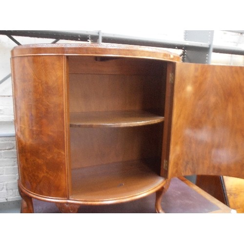 445 - ART DECO STYLE WALNUT VENEERED COCKTAIL CABINET. CRESCENT SHAPE. ON 4 CARVED CABRIOLE LEGS. 90CM W. ... 