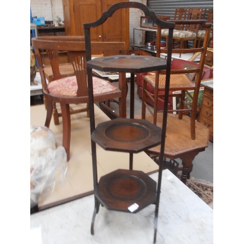 443 - EDWARDIAN 3 TIER FOLDING CAKE STAND, IN MAHOGANY.