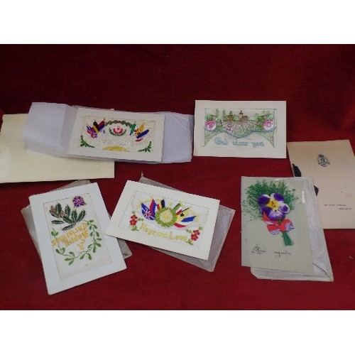 318B - WWI INTEREST. A SMALL COLLECTION OF WWI EMBROIDERED FRENCH POSTCARDS. INC AN UNUSUAL CELLULOID CARD ... 