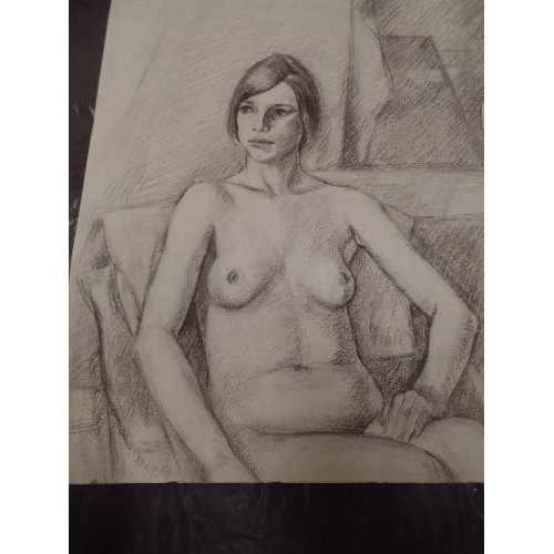 176A - LARGE CHARCOAL LIFE-DRAWING OF 2 NUDES. SIGNED BY ARTIST. CIRCA 1970