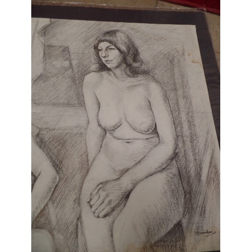 176A - LARGE CHARCOAL LIFE-DRAWING OF 2 NUDES. SIGNED BY ARTIST. CIRCA 1970