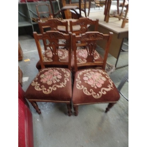 444 - SET OF 4 EDWARDIAN DINING CHAIRS, WITH UN UNUSUAL PRINTED VELVET SEAT COVERS. IN OAK WITH CARVED BAC... 