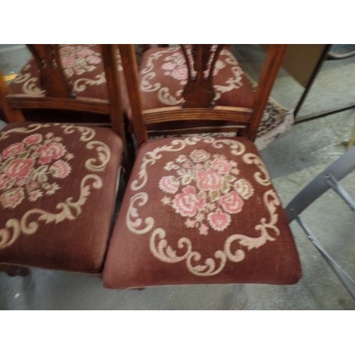 444 - SET OF 4 EDWARDIAN DINING CHAIRS, WITH UN UNUSUAL PRINTED VELVET SEAT COVERS. IN OAK WITH CARVED BAC... 