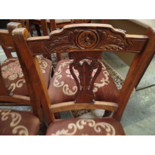 444 - SET OF 4 EDWARDIAN DINING CHAIRS, WITH UN UNUSUAL PRINTED VELVET SEAT COVERS. IN OAK WITH CARVED BAC... 