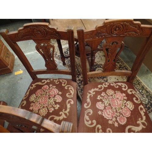 444 - SET OF 4 EDWARDIAN DINING CHAIRS, WITH UN UNUSUAL PRINTED VELVET SEAT COVERS. IN OAK WITH CARVED BAC... 