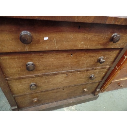 448 - VICTORIAN MAHOGANY 4 DRAWER CHEST. ON SQUARE PLINTH BASE. SIDE BRACKET SUPPORTS TO THE TOP. 110CM W.