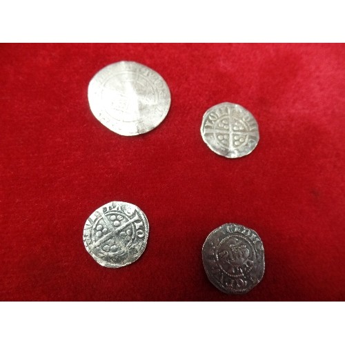 94D - FOUR SILVER COINS - EDWARD I, II OR III 1272 TO 1377. LONG CROSS SILVER PENNIES  WITH LONG CROSS AND... 