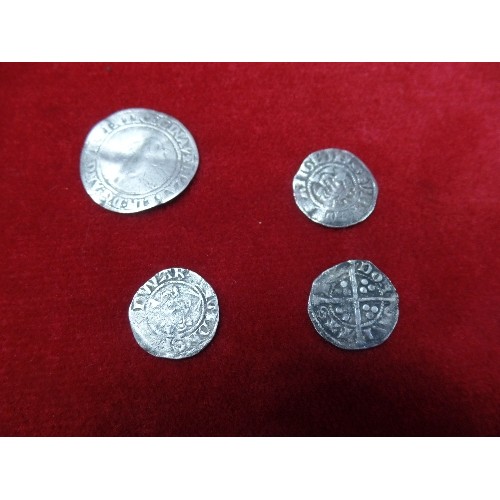 94D - FOUR SILVER COINS - EDWARD I, II OR III 1272 TO 1377. LONG CROSS SILVER PENNIES  WITH LONG CROSS AND... 