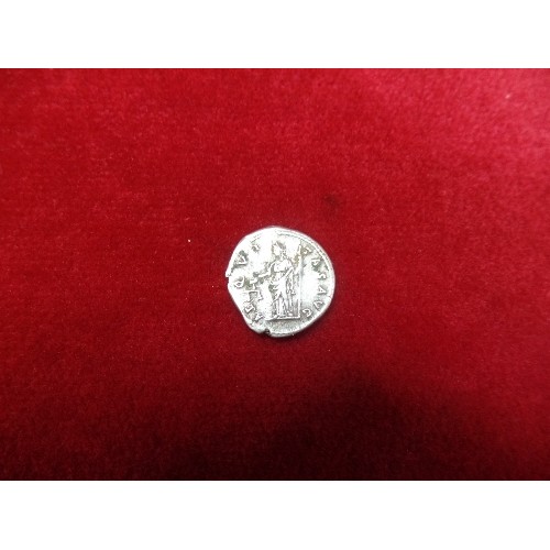 94F - A SILVER ROMAN COIN ANTONIUS PIUS AD 140 - 143 SILVER DENARIUS - 17MM, 3.6 GRAMS