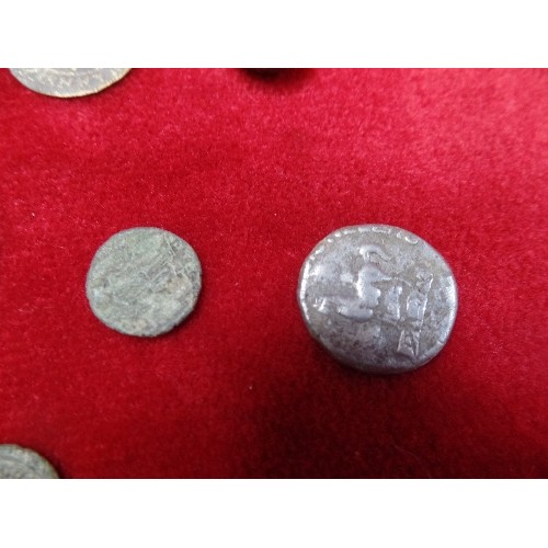 94G - COLLECTION OF ROMAN COINS AND TRADING TOKENS IN A TIN - INCLUDES GERMAN BRASS JETTON TOKEN