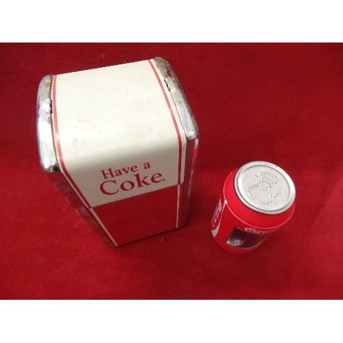 80 - VINTAGE COCA-COLA NAPKIN DISPENSER, TOGETHER WITH LIDDED COCA-COLA STORAGE CAN, WITH CLEAR WINDOW.