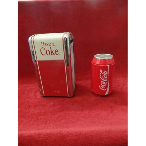 80 - VINTAGE COCA-COLA NAPKIN DISPENSER, TOGETHER WITH LIDDED COCA-COLA STORAGE CAN, WITH CLEAR WINDOW.