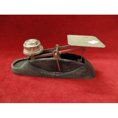 104 - TINY VINTAGE PRECISION WEIGH SCALES, WITH SET OF IMPERIAL WEIGHTS.