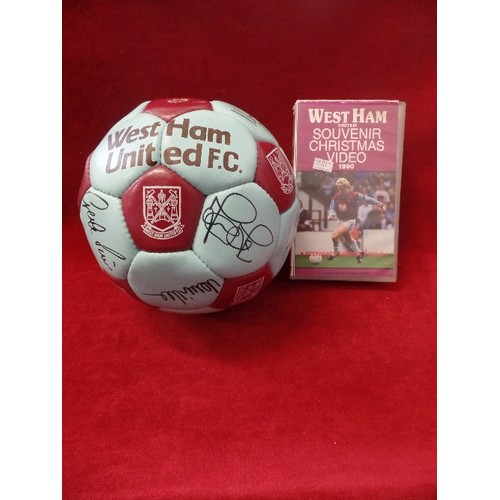 110 - VINTAGE WEST HAM UNITED FC. FOOTBALL INTEREST. OFFICIAL [SIGNED]SOUVENIR FOOTBALL. AND CHRISTMAS VID... 