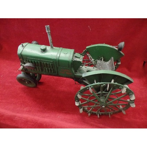 67 - LARGE GOOD QUALITY VINTAGE STYLE TIN-PLATE TRACTOR.  'OLIVER ROW CROP' DARK GREEN.