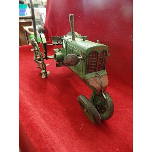 67 - LARGE GOOD QUALITY VINTAGE STYLE TIN-PLATE TRACTOR.  'OLIVER ROW CROP' DARK GREEN.