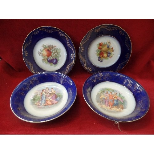 73 - A PAIR OF VINTAGE PLATES WITH FRUIT DESIGN AND NAVY/GOLD BORDER. TOGETHER WITH A PAIR OF SOUP BOWLS ... 